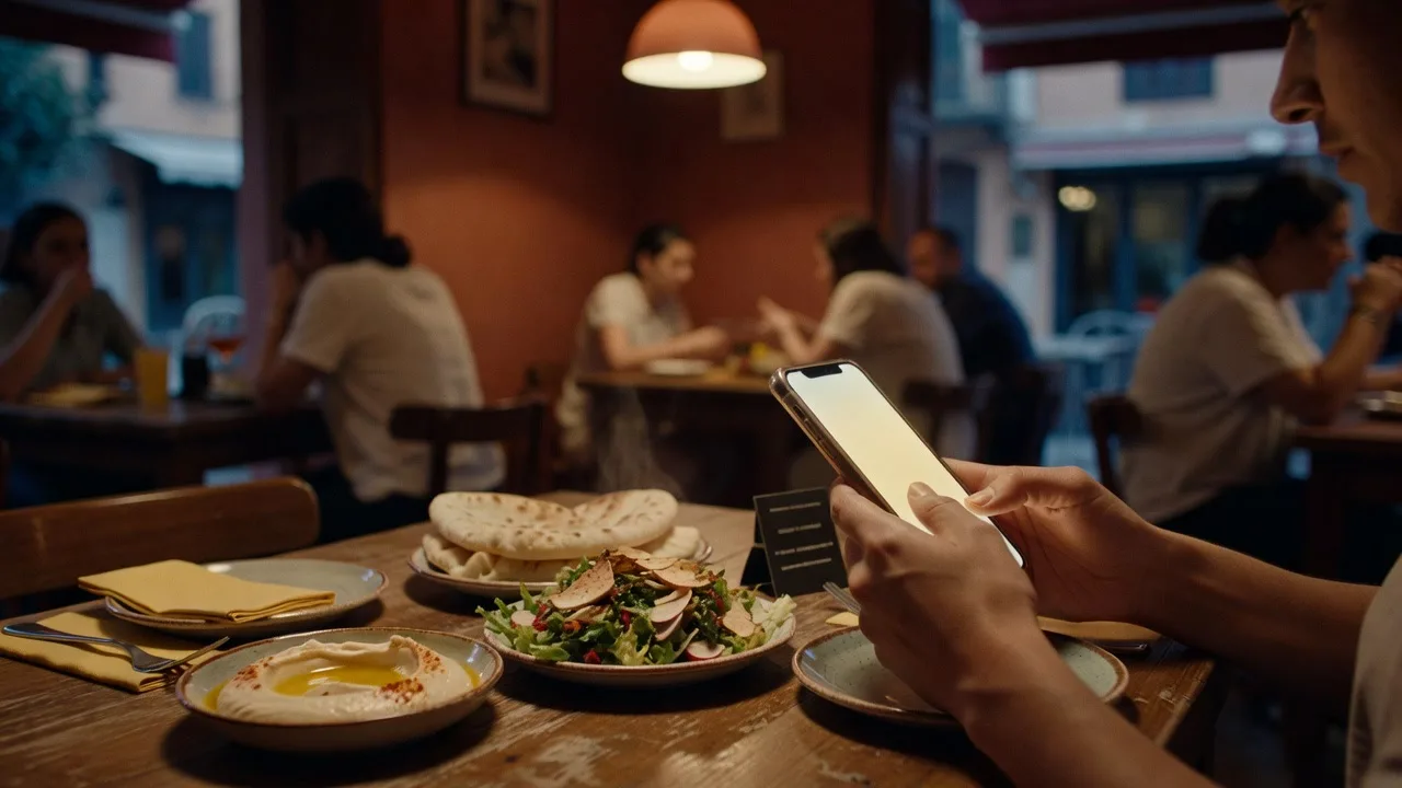 A guest at a restaurant table scanning the table code with their phone